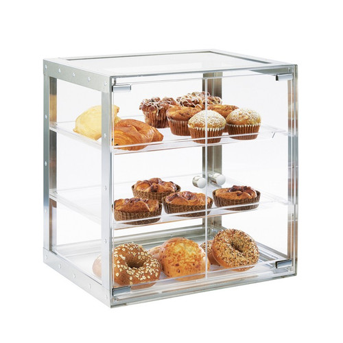 Cal-Mil 3413-55 19-1/4" W x 14-1/4" D x 19-1/4" H Clear Body Stainless Steel Frame 3-Tier Dual Serve Urban Bakery Case