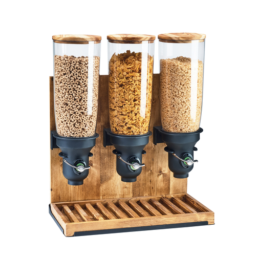 Cal-Mil 3576-3-99FF 19 1/4" W x 9 3/4" D x 26 1/2" H 5 L. 3 Dispensers Countertop Rustic Pine Base Madera Cereal Dispenser