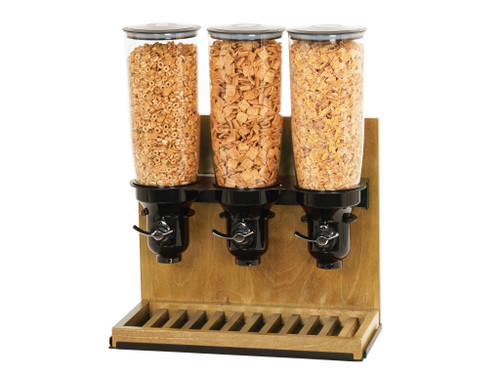Cal-Mil 3576-3-99FF 19 1/4" W x 9 3/4" D x 26 1/2" H 5 L. 3 Dispensers Countertop Rustic Pine Base Madera Cereal Dispenser