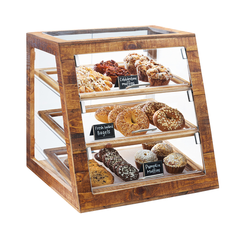 Cal-Mil 3432-S-99 21" W x 21-1/2" D x 21-1/2" H Rustic Pine Clear Trays 3-Tier Self Serve Madera Bakery Display Case