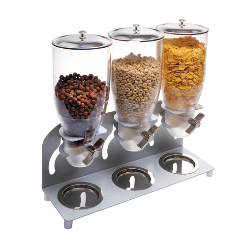 Cal-Mil 3510-3-39 18 1/2" W x 6" D x 17 3/4" H 3.5 L 4 - Wing Knob Platinum Metal Stand Removable Crumb Catcher BPA Free Cereal Dispenser