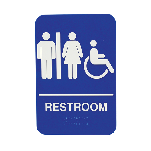 TableCraft Products 695650 6" W x 9" H "Women/Men "Restroom" White On Blue Plastic Cash & Carry Sign
