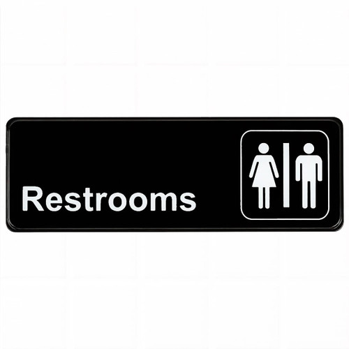 TableCraft Products 394517 3" W x 9" H "Restrooms" White On Black Plastic Cash & Carry Sign