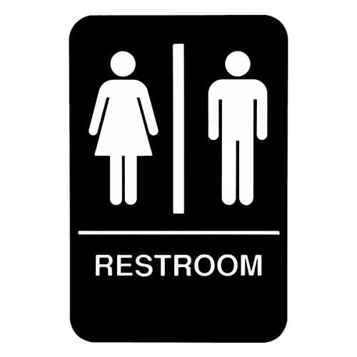 TableCraft Products 695633 6" W x 9" H Women/Men "Restroom" White On Black Plastic Cash & Carry Sign