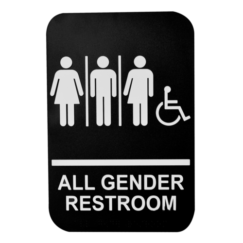 TableCraft Products 695653 6" W x 9" H "All Gender Restroom" White On Black Plastic Cash & Carry Sign