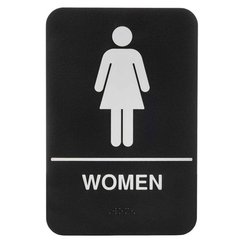 TableCraft Products 695634 6" W x 9" H "Women" Restroom White On Black Plastic Cash & Carry Sign