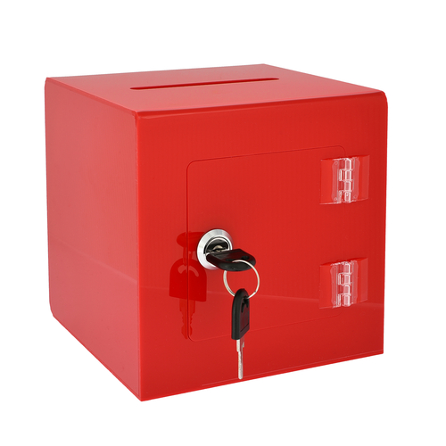 Alpine ADI637-02-1-RED 6" x 6" x 6"H Red acrylic Lock & Key Suggestion Box