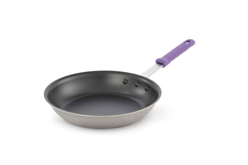 Vollrath 693212 12" Dia. Top x 2.5" H x 9.75" Dia. Bottom Stainless Steel with Purple Slip-On Silicone Sleeve Handle Tribute Fry Pan