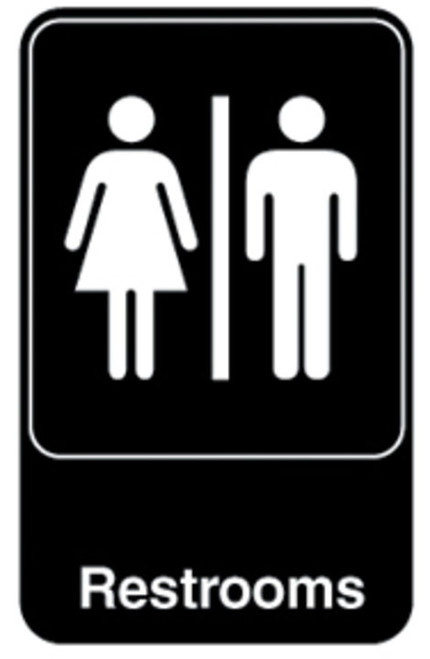 Vollrath 5617 9" x 6" White on Black Restrooms Sign