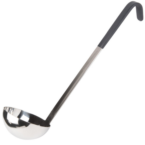 Vollrath 4980820 8 Oz. 18/8 Stainless Steel 11 Ga. 12 5/8" Grooved Hooked Black Kool-Touch Handle with Satin Finish Ladle