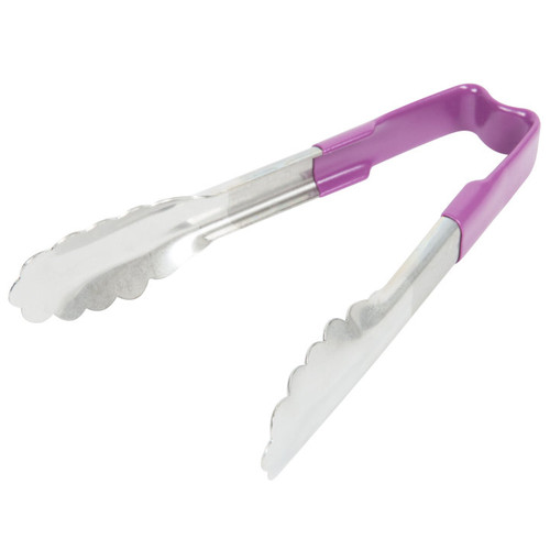 Vollrath 4780680 6" Stainless Steel One-Piece Scalloped Teeth Springless Design Purple Ergonomic Antimicrobial Kool-Touch Handle Utility Tongs Warranty