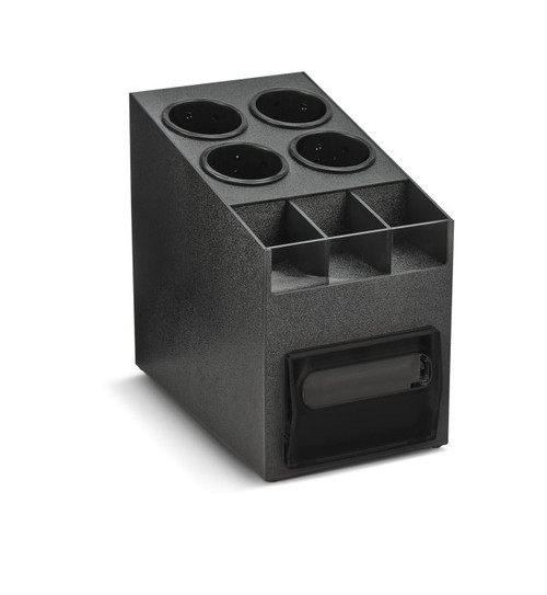 Vollrath CTNFO-06 9 1/16" W x 19 1/4" D x 15 3/16" H Black ABS & Smoked Acrylic Accommodates 100 Napkins 3 Condiment Compartments Napkin Dispenser/Organizer