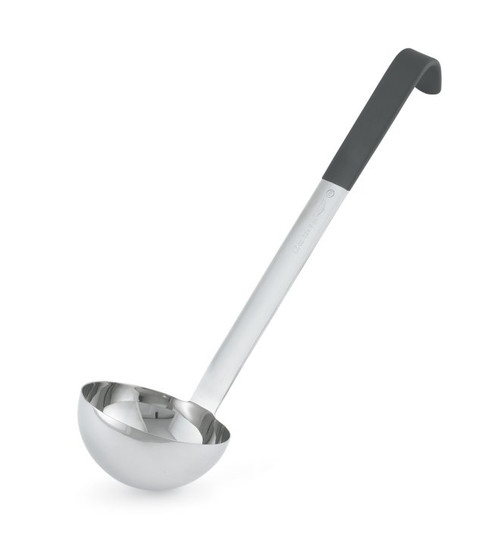 Vollrath 4981220 12 Oz. 18/8 Stainless Steel 11 Ga. 12 1/8" Grooved Hooked Black Kool-Touch Handle with Satin Finish One-Piece Heavy Duty Ladle