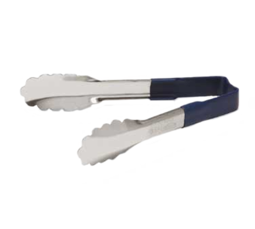 Vollrath 4780630 6" Stainless Steel One-Piece Scalloped Teeth Springless Design Blue Ergonomic Antimicrobial Kool-Touch Handle Utility Tongs Warranty