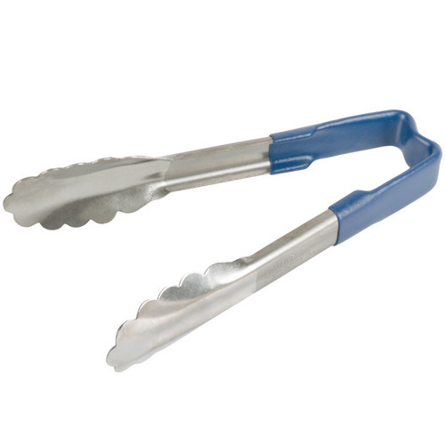 Vollrath 4780630 6" Stainless Steel One-Piece Scalloped Teeth Springless Design Blue Ergonomic Antimicrobial Kool-Touch Handle Utility Tongs Warranty