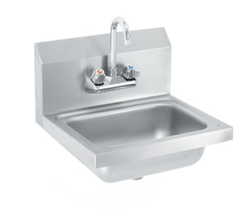 Vollrath K1410-C 17" W x 15" D 4" Centers 20 Gauge Stainless Steel Wall-Mounted Hand Sink with Bracket Strainer and Gooseneck Faucet
