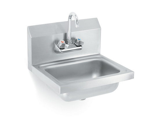 Vollrath K1410-C 17" W x 15" D 4" Centers 20 Gauge Stainless Steel Wall-Mounted Hand Sink with Bracket Strainer and Gooseneck Faucet
