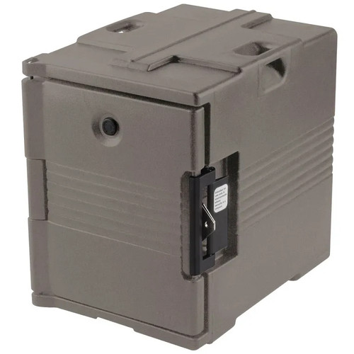 Cambro UPC400SP194 Front Loading One-Piece Poly Shell Holds 1/2 13 and Full Size Pans 2.5" to 8" Deep Approximate Capacity 60 Qt. Molded-In Handles Nylon Latch Granite Sand Ultra Pan Carrier