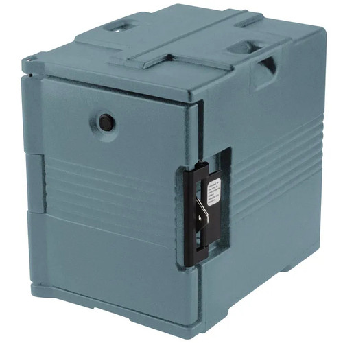Cambro UPC400SP401 Front Loading One-Piece Poly Shell Holds 1/2 13 and Full Size Pans 2.5" to 8" Deep Approximate Capacity 60 Qt. Molded-In Handles Nylon Latch Slate Blue Ultra Pan Carrier