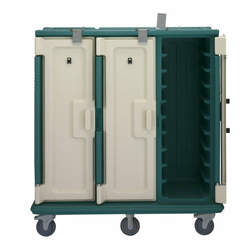 Cambro MDC1418T30192 60" W x 29.25" D x 63.63" H Tall Profile (3) Doors 3-Compartments Holds (30) 14" x 18" Trays Heavy Duty Nylon Handles 6" Stainless Steel Casters Granite Green with Cream Color Door Meal Delivery Cart