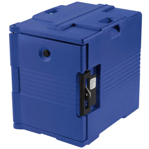 Cambro UPC400SP186 Front Loading One-Piece Poly Shell Holds 1/2 13 and Full Size Pans 2.5" to 8" Deep Approximate Capacity 60 Qt. Molded-In Handles Nylon Latch Navy Blue Ultra Pan Carrier