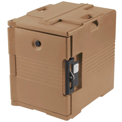 Cambro UPC400SP157 Front Loading One-Piece Poly Shell Holds 1/2 13 and Full Size Pans 2.5" to 8" Deep Approximate Capacity 60 Qt. Molded-In Handles Nylon Latch Coffee Beige Ultra Pan Carrier