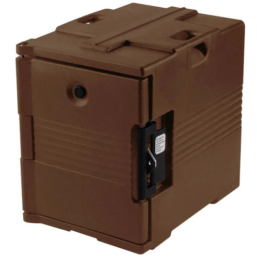Cambro UPC400SP131 Front Loading One-Piece Poly Shell Holds 1/2 13 and Full Size Pans 2.5" to 8" Deep Approximate Capacity 60 Qt. Molded-In Handles Nylon Latch Dark Brown Ultra Pan Carrier