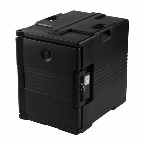 Cambro UPC400SP110 Front Loading One-Piece Poly Shell Holds 1/2 13 and Full Size Pans 2.5" to 8" Deep Approximate Capacity 60 Qt. Molded-In Handles Nylon Latch Black Ultra pan Carrier