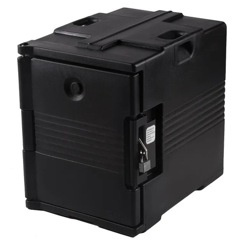 Cambro UPC400SP110 Front Loading One-Piece Poly Shell Holds 1/2 13 and Full Size Pans 2.5" to 8" Deep Approximate Capacity 60 Qt. Molded-In Handles Nylon Latch Black Ultra pan Carrier