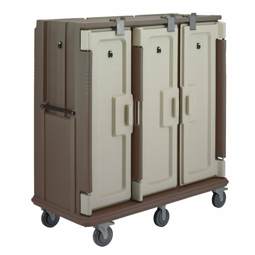 Cambro MDC1520T30194 60" W x 29.25" D x 63.63" H Tall Profile (3) Doors 3-Compartments Holds (30) 15" x 20" Trays Heavy Duty Nylon Handles 6" Stainless Steel Casters Granite Sand with Cream Color Door Meal Delivery Cart