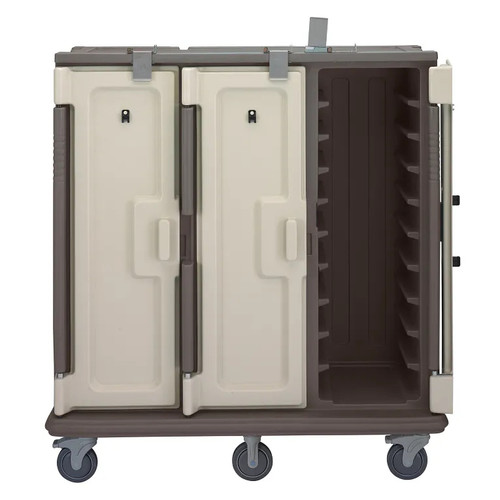 Cambro MDC1520T30194 60" W x 29.25" D x 63.63" H Tall Profile (3) Doors 3-Compartments Holds (30) 15" x 20" Trays Heavy Duty Nylon Handles 6" Stainless Steel Casters Granite Sand with Cream Color Door Meal Delivery Cart