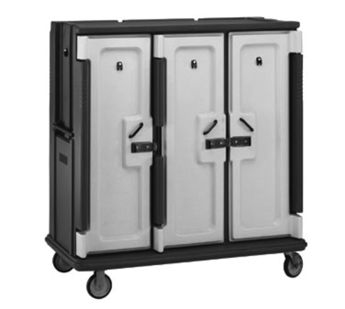 Cambro MDC1520T30615 60" W x 29.25" D x 63.63" H Tall Profile (3) Doors 3-Compartments Holds (30) 15" x 20" Trays Heavy Duty Nylon Handles 6" Stainless Steel Casters Charcoal Gray with Cream Color Door Meal Delivery Cart