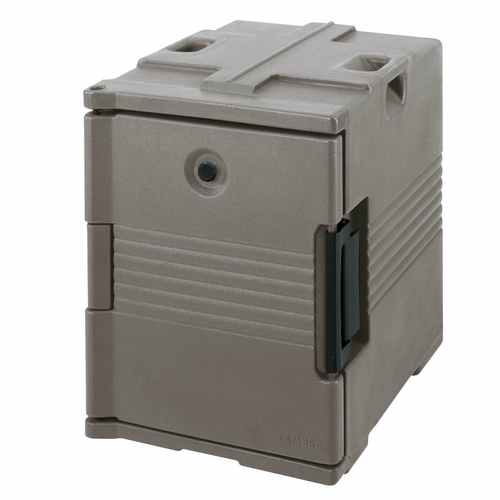 Cambro UPC400194 Front Loading One-Piece Poly Shell Holds 1/2 13 and Full Size Pans 2.5" to 8" Deep Approximate Capacity 60 Qt. Molded-In Handles Nylon Latch Granite Sand Ultra Pan Carrier