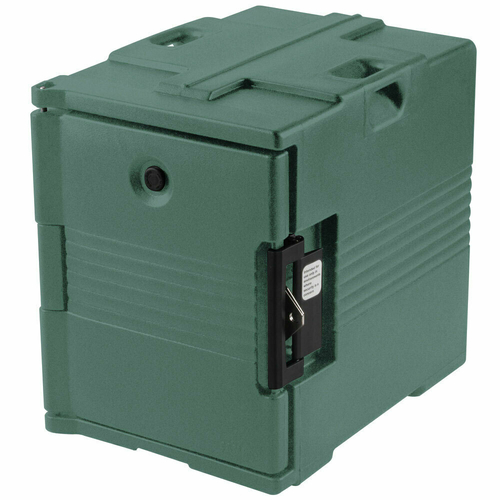 Cambro UPC400SP192 Front Loading One-Piece Poly Shell Holds 1/2 13 and Full Size Pans 2.5" to 8" Deep Approximate Capacity 60 Qt. Molded-In Handles Nylon Latch Granite Green Ultra Pan Carrier