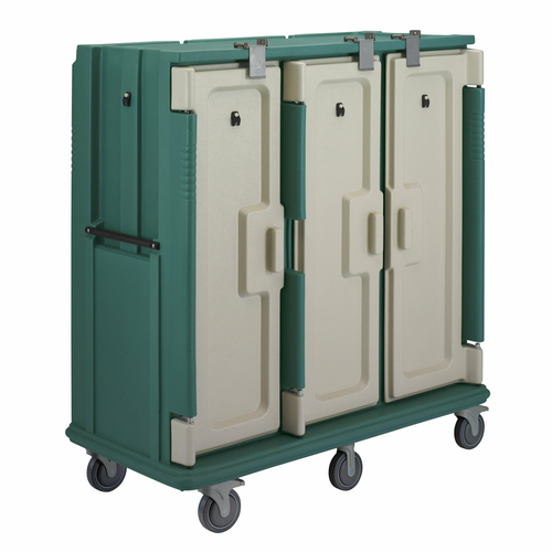 Cambro MDC1520T30192 60" W x 29.25" D x 63.63" H Tall Profile (3) Doors 3-Compartments Holds (30) 15" x 20" Trays Heavy Duty Nylon Handles 6" Stainless Steel Casters Granite Green with Cream Color Door Meal Delivery Cart