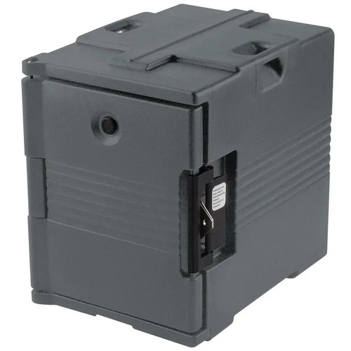 Cambro UPC400SP191 Front Loading One-Piece Poly Shell Holds 1/2 13 and Full Size Pans 2.5" to 8" Deep Approximate Capacity 60 Qt. Molded-In Handles Nylon Latch Granite Gray Ultra Pan Carrier