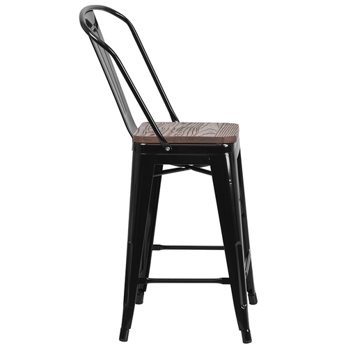 Flash Furniture CH-31320-24GB-BK-WD-GG Black Metal Curved Back With Vertical Slat Counter Height Bar Stool