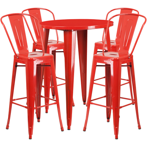 Flash Furniture CH-51090BH-4-30CAFE-RED-GG 30" Dia. x 41" H Red Metal Round Bar Height Table and 4 Bar Stool Set