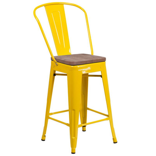 Flash Furniture CH-31320-24GB-YL-WD-GG Yellow Metal Curved Back With Vertical Slat Bistro Style Counter Height Bar Stool