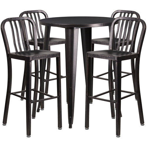 Flash Furniture CH-51090BH-4-30VRT-BQ-GG 30" Dia. x 41" H Black and Antique Gold Metal Round Bar Height Table and 4 Bar Stool Set