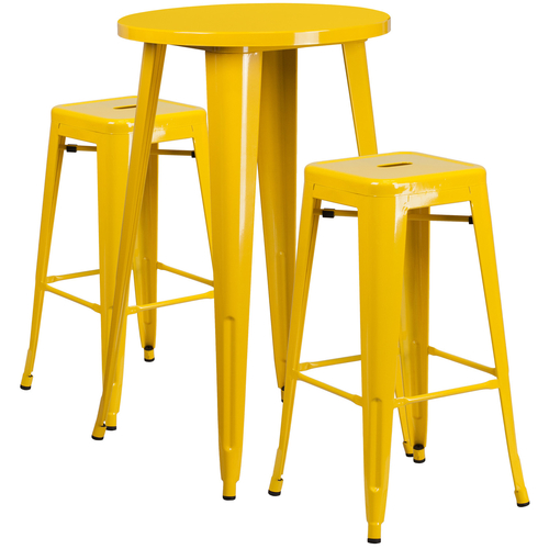 Flash Furniture CH-51080BH-2-30SQST-YL-GG 24" Dia. x 41" H Yellow Metal Round Bar Height Table and 2 Bar Stool Set