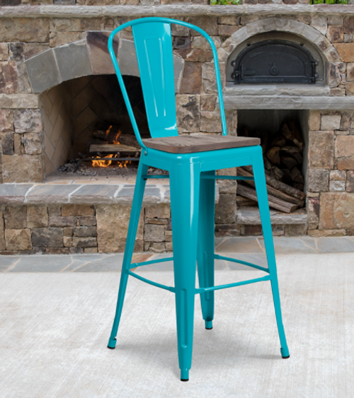 Flash Furniture ET-3534-30-CB-WD-GG 46" H Teal Blue Galvanized Steel Curved Back With Vertical Slat Bar Stool