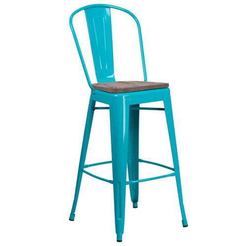 Flash Furniture ET-3534-30-CB-WD-GG 46" H Teal Blue Galvanized Steel Curved Back With Vertical Slat Bar Stool