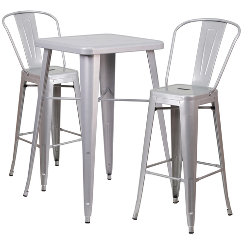 Flash Furniture CH-31330B-2-30GB-SIL-GG 27 3/4" W x 27 3/4" D x 40" H Silver Galvanized Steel Square Table and 2 Chairs Set