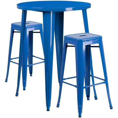 Flash Furniture CH-51090BH-2-30SQST-BL-GG 30" Dia. x 41" H Blue Metal Round Bar Height Table and 2 Bar Stool Set