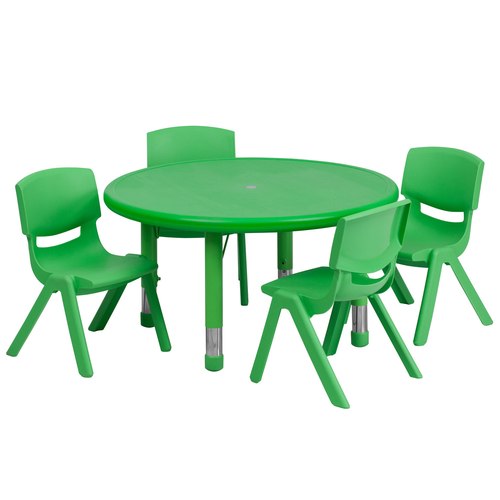 Flash Furniture YU-YCX-0073-2-ROUND-TBL-GREEN-E-GG 33" Dia. x 14 1/2" - 23 3/4" Adjustable Height Green Round Preschool Activity Table Set with 4 Chairs