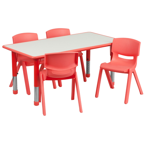 Flash Furniture YU-YCY-060-0034-RECT-TBL-RED-GG 47 1/4" W x 23 5/8" D x 14 1/2" - 23 3/4" Adjustable Height Red Plastic and Gray Laminate Rectangular Preschool Activity Table Set with 4 Chairs