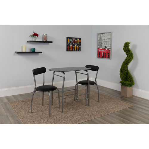 Flash Furniture XM-JM-A0278-1-2-BK-GG 35 1/2" W x 19 3/4" D x 29 1/2" H Black Tempered Glass Oval Retro Table and 2 Chairs Sutton Bistro Set