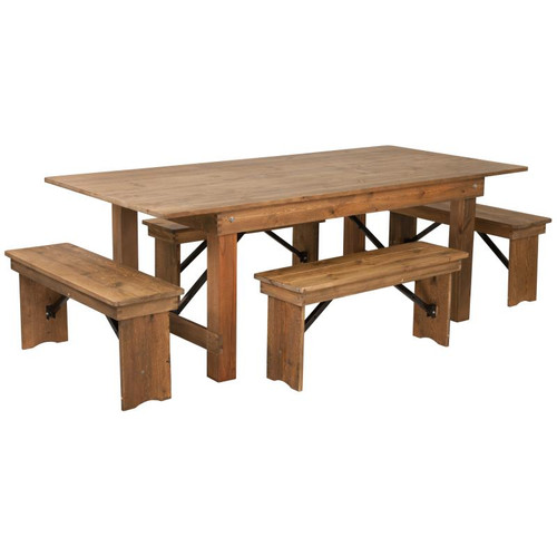 Flash Furniture XA-FARM-1-GG 84" W x 40" D x 30" H Rectangular Antique Rustic Hercules Series Farm Table Set with 4 Benches