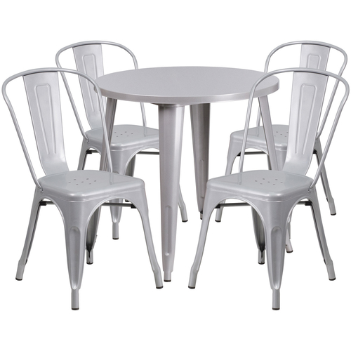 Flash Furniture CH-51090TH-4-18CAFE-SIL-GG 30" Dia. x 29 1/2" H Silver Metal Round Table and 4 Chair Set